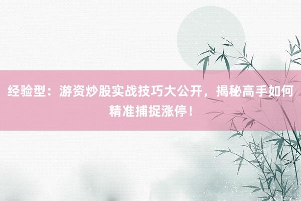 经验型：游资炒股实战技巧大公开，揭秘高手如何精准捕捉涨停！