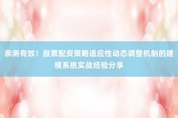 亲测有效！股票配资策略适应性动态调整机制的建模系统实战经验分享